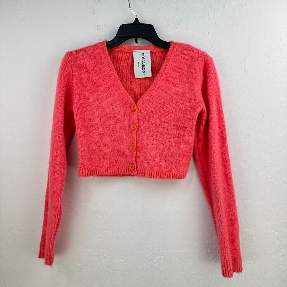 Collusion Crop Sweater Womens 2 Pink Cardigan Fluff Vneck Long Sleeve‎ Stretch